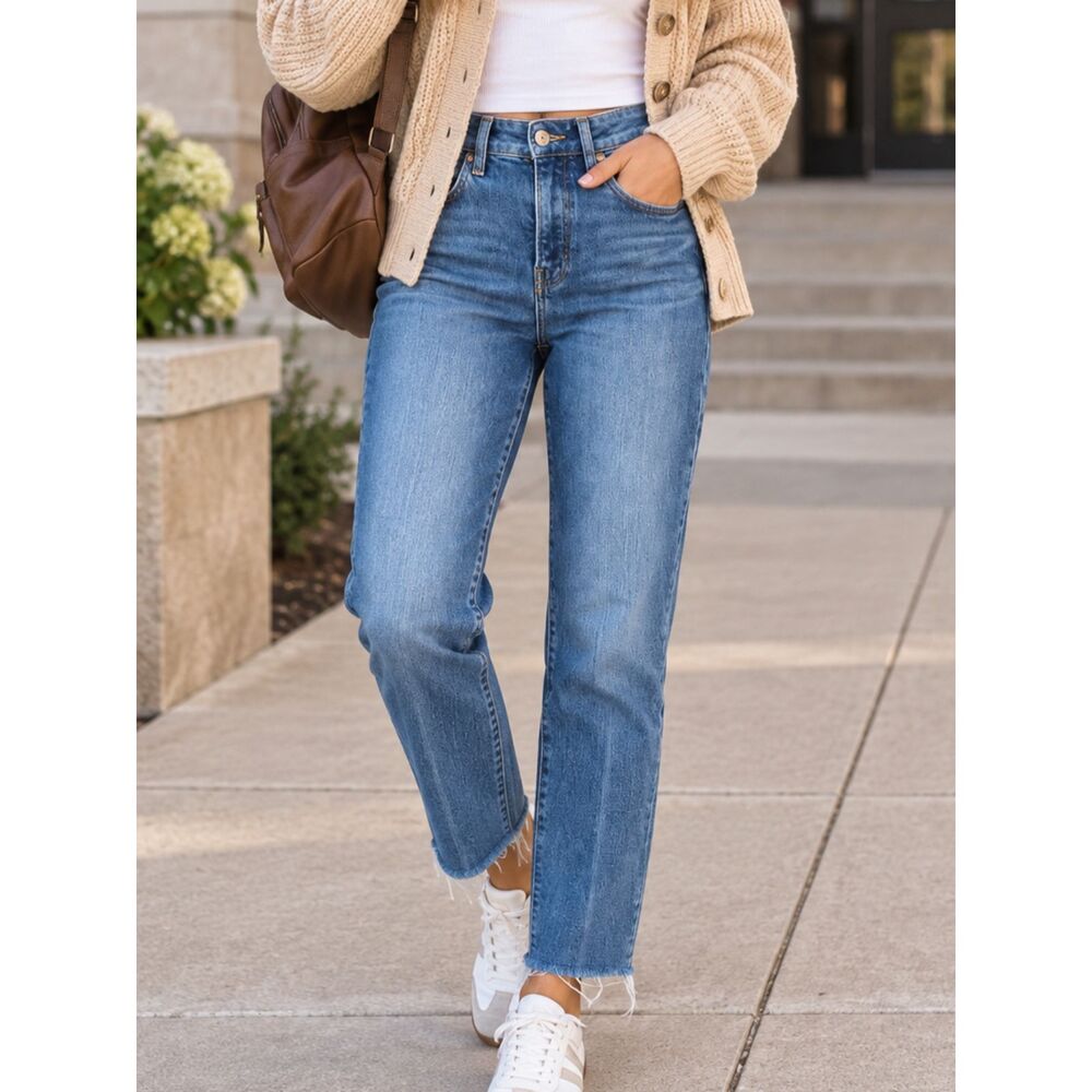 Old Navy O.G. Straight Jeans 2 High Rise Raw Hem Button Fly Medium Wash